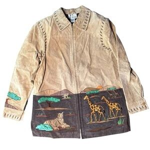 Quacker Factory Safari Elephant Tiger Giraffe Embroidered Leather Jacket
